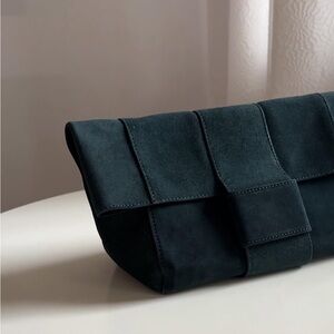 BR genuine leather oversized tab clutch dark green suede NWT